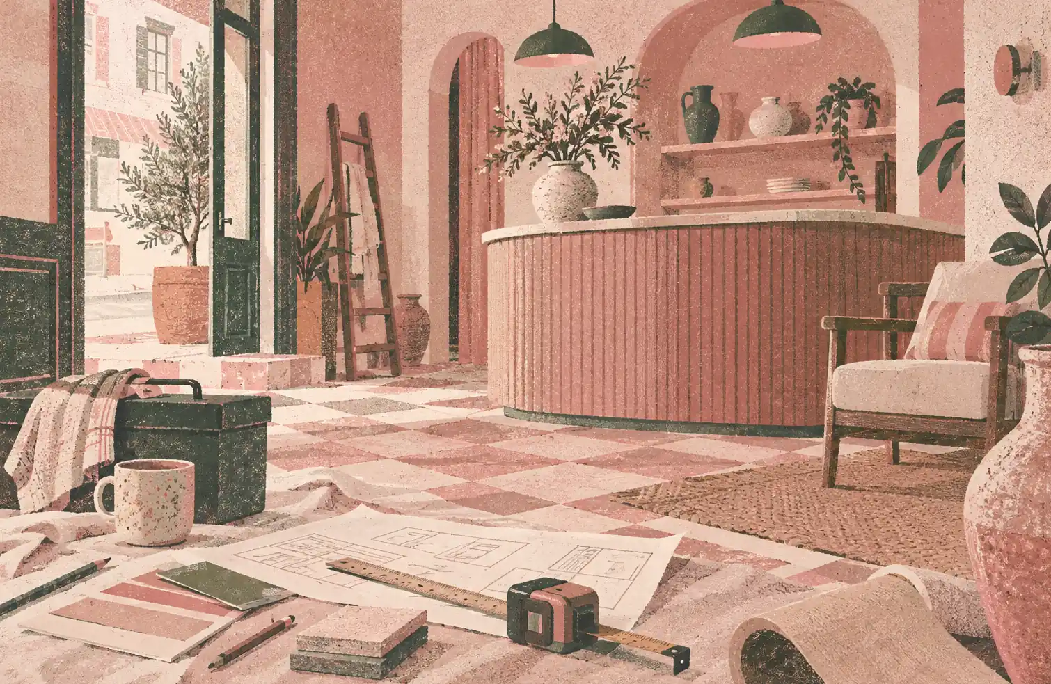 Illustration of hospitality businesses and their working space